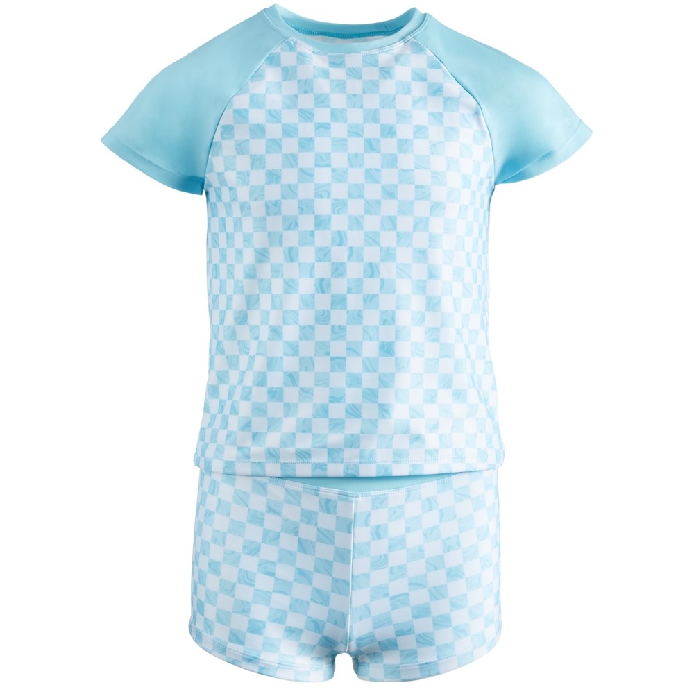 Ideology Big Girls 2-Pc. Checkered Rash Guard & Swim Shorts Set - Blue - Size M‎